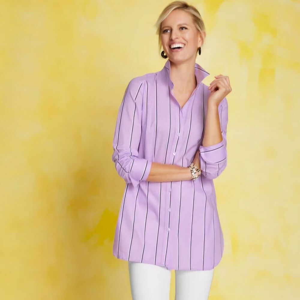 NWT Talbots Boyfriend Poplin Shirt Weekend Stripe Blouse Lilac Women 1XP Petite